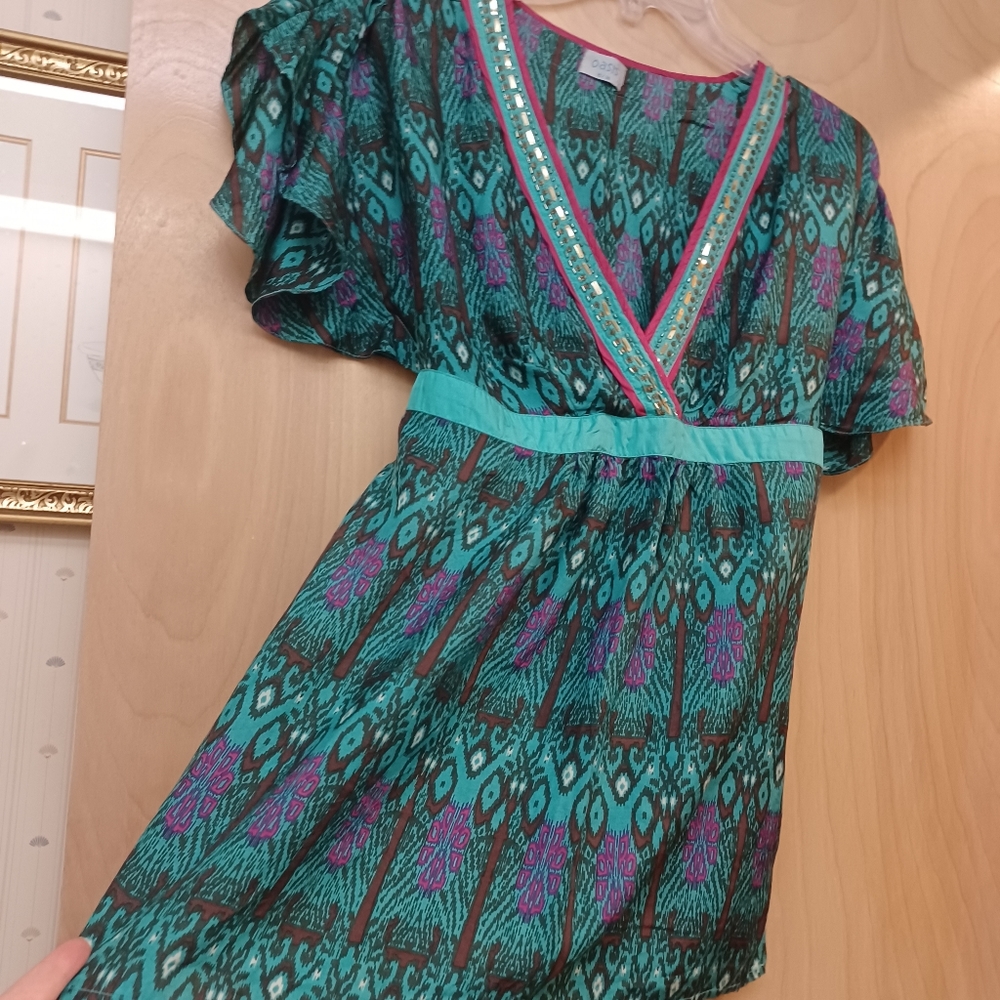 Oasis Silk Green Teal Pink Ikat Peplum Boho Top S